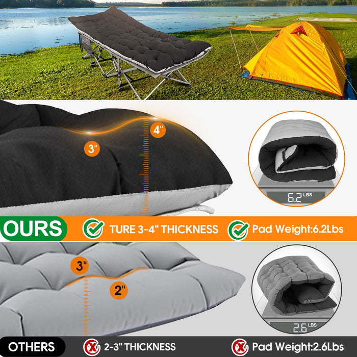 Emossie Oversized Camping Sleeping Cot for Adults with Double-Sided 4in Extra Thick Mattress, Portable Folding Camp Sleep Cots Beds, XXXL-83x32in, Black