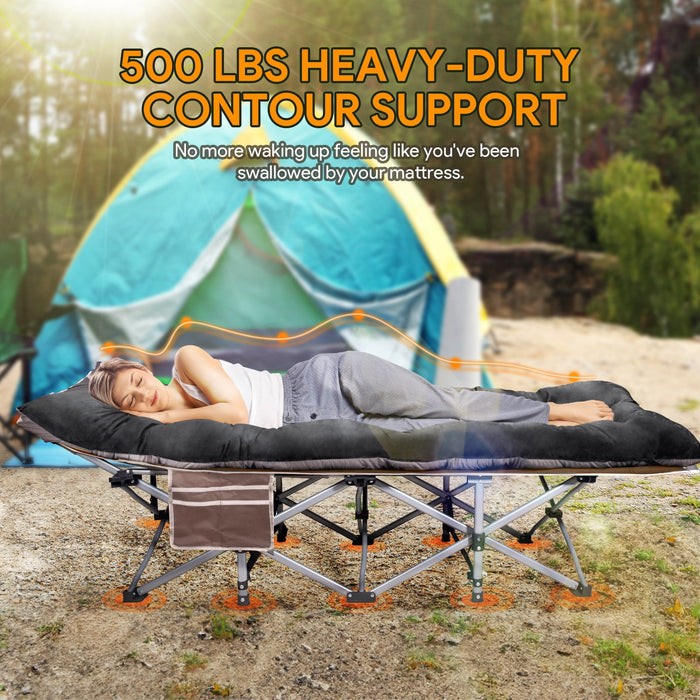Emossie Camping Sleeping Cot for Adults Kids with Double-Sided 4in Extra Thick Mattress, Portable Folding Camp Sleep Cots Beds, XL-75x28in, Black