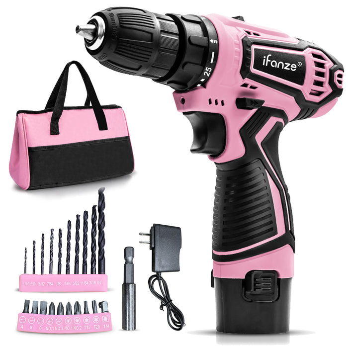 12V Cordless Drill, 3/8'' Keyless Chuck 2 Variable Speeds Electric Power Drill with Battery and Charger, Pink