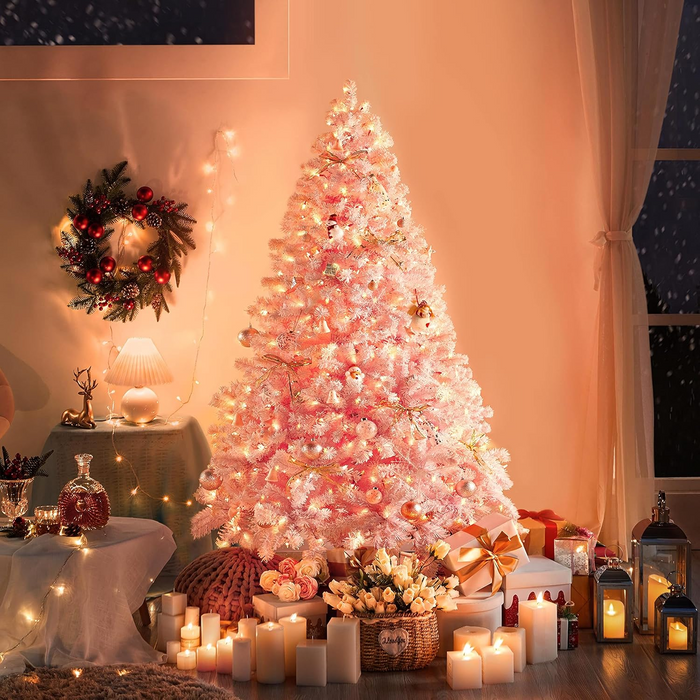 7.5FT Artificial Prelit Pink Christmas Tree, Qunler Full Xmas Pine Tree with 1200 Branch Tips 400 Warm Light for Holiday Indoor Outdoor Decoration, Pink