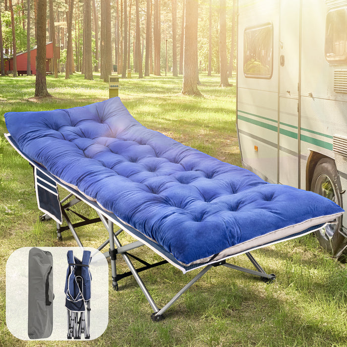 Qunler Folding Camping Cot for Adults, 75"* 28" Portable Guest Bed with 4 Inch Double-Sided Velvet Mattress, 600lbs Loading Sleeping Cot with Carry Bags for Hiking Home Office and Vacation, Blue