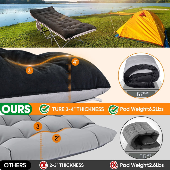 Emossie Camping Sleeping Cot for Adults Kids with Double-Sided 4in Extra Thick Mattress, Portable Folding Camp Sleep Cots Beds, XL-75x28in, Black