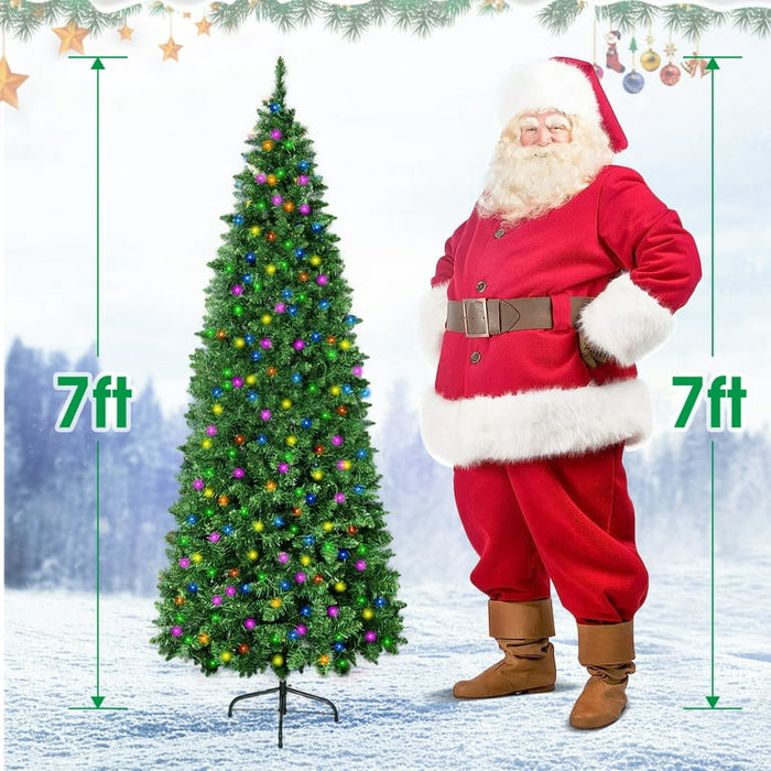 Melliful 7FT Pre-Lit Slim Pencil Artificial Christmas Tree, 200 Multi-colored LED Lights Fake Xmas Tree with Durable Metal Legs, 1100 Tips, Green