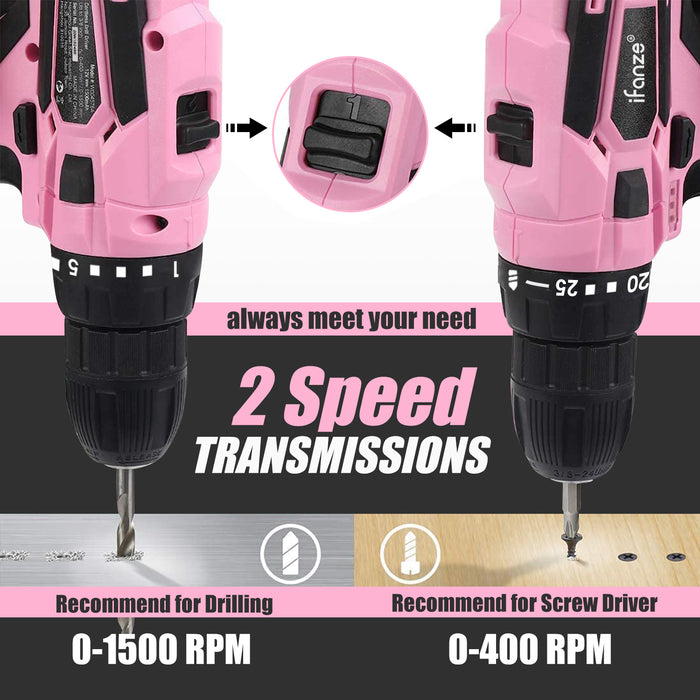 12V Cordless Drill, 3/8'' Keyless Chuck 2 Variable Speeds Electric Power Drill with Battery and Charger, Pink