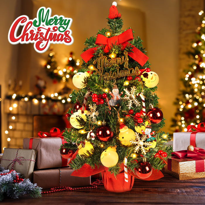 2ft Tabletop Christmas Tree with Led Hanging Lights Desktop Mini Xmas Tree Decoration, Red