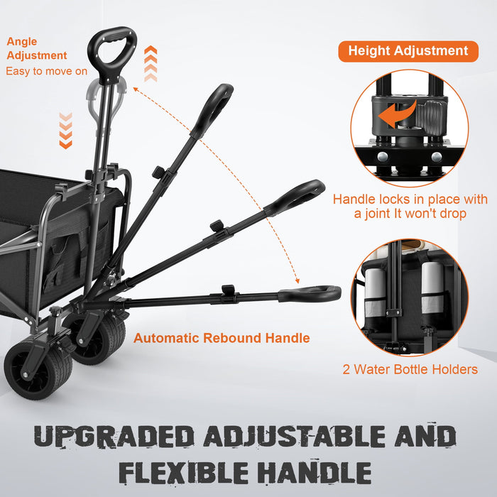 Collapsible Outdoor Utility Wagon, Heavy Duty Folding Garden Portable Hand Cart, with 8" Rubber Wheels and Drink Holder, Suit for Shopping and Park Picnic, Beach Trip and Camping, Grey