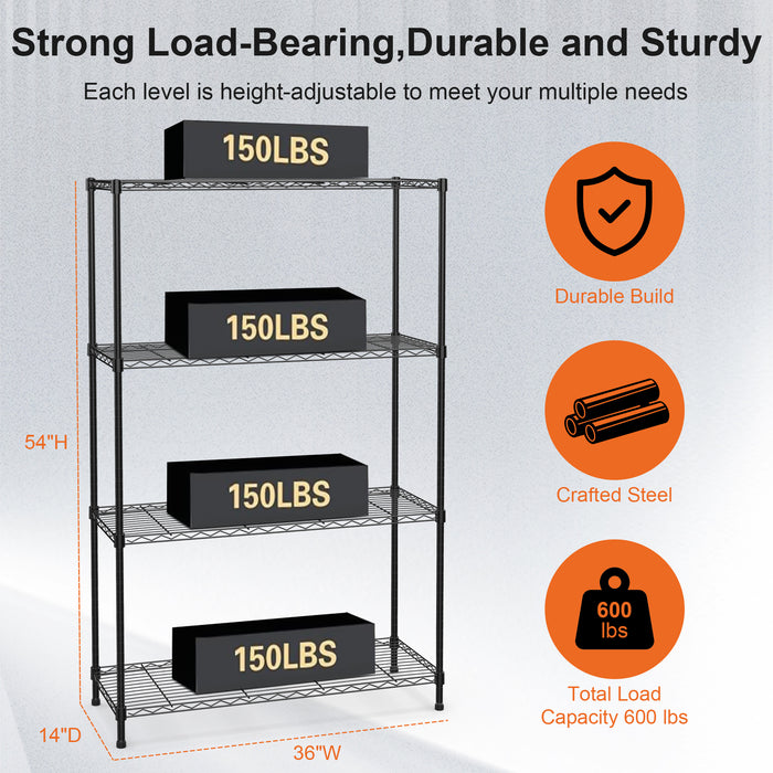 Qunler 2 Pack 4-Tier Storage Shelf Unit 54"H x 36"W x 14"D, Garage NSF Wire Shelving Steel Storage Shelves Heavy Duty Height Adjustable for 600lbs Capacity, Black