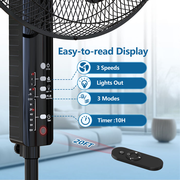 16'' Pedestal Oscillating Fan with Remote Control, Stand Up Fan Adjustable Height, 3-Speed, Electric Cooling Fans for Bedroom Home Office Use