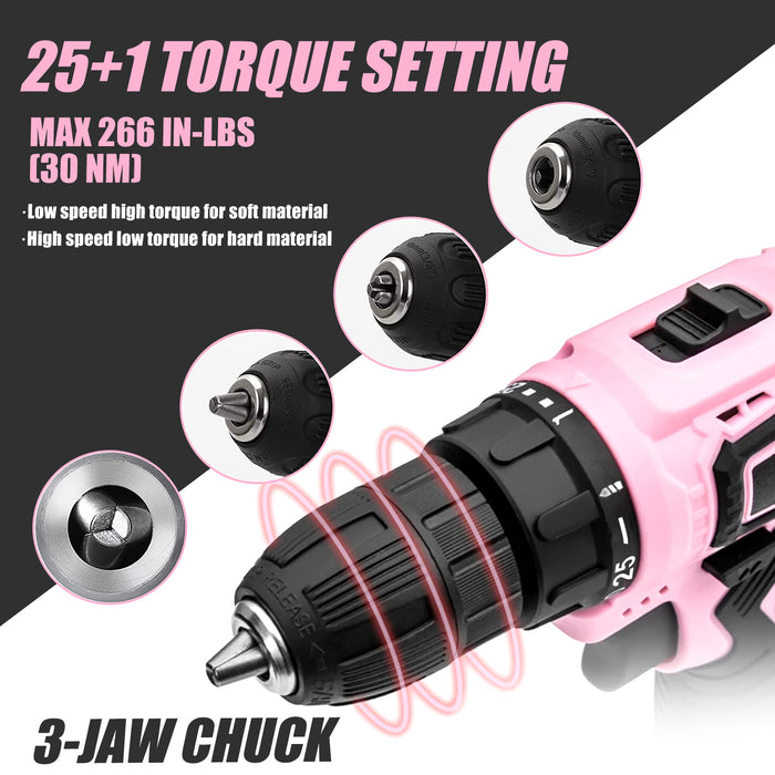 12V Cordless Drill, 3/8'' Keyless Chuck 2 Variable Speeds Electric Power Drill with Battery and Charger, Pink