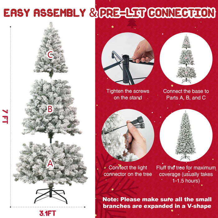 6.5ft Pre-Lit Snow Flocked Christmas Tree with 1000 Tips 250 Warm Lights, Hinged Artificial Holiday Xmas Pine Tree, White