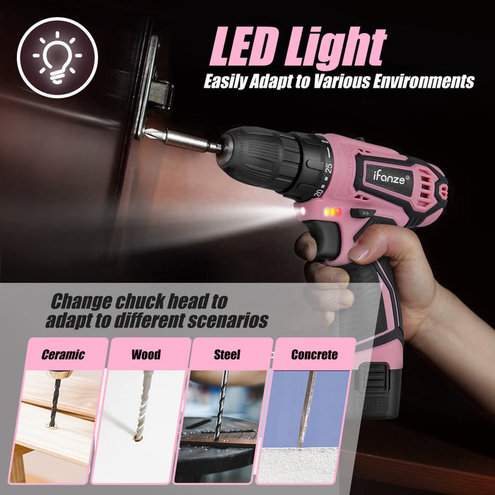 12V Cordless Drill, 3/8'' Keyless Chuck 2 Variable Speeds Electric Power Drill with Battery and Charger, Pink