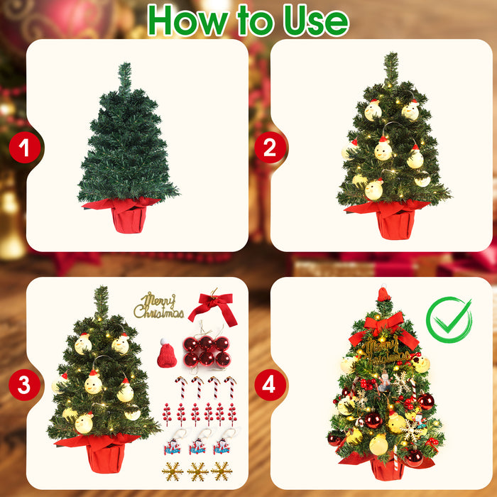 2ft Tabletop Christmas Tree with Led Hanging Lights Desktop Mini Xmas Tree Decoration, Red