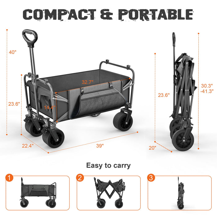 560lbs Large Collapsible Garden Cart with Brakes, Qunler Folding Utility Wagon with Big Wheels and Side Pocket for Camping, Grocery, Gray