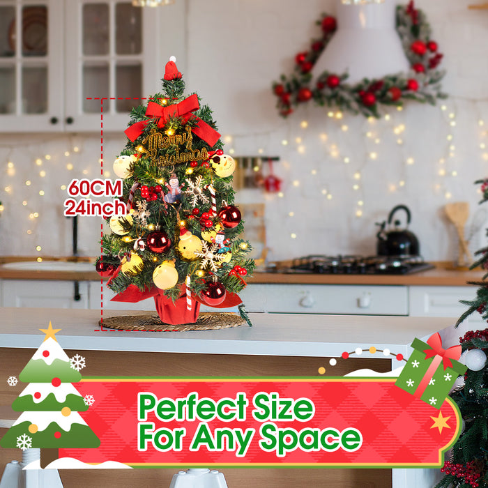 2ft Tabletop Christmas Tree with Led Hanging Lights Desktop Mini Xmas Tree Decoration, Red