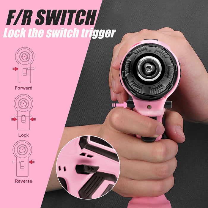 12V Cordless Drill, 3/8'' Keyless Chuck 2 Variable Speeds Electric Power Drill with Battery and Charger, Pink