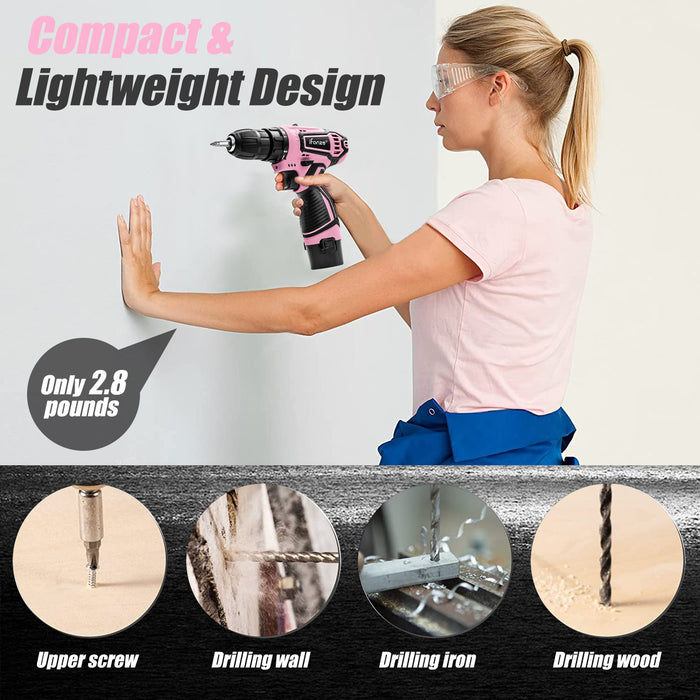 12V Cordless Drill, 3/8'' Keyless Chuck 2 Variable Speeds Electric Power Drill with Battery and Charger, Pink