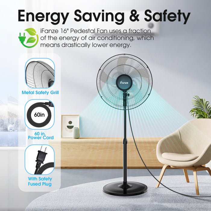 16" Oscillating Pedestal Fan, 3-Speeds Stand up Fan with Adjustable Height and Tilt