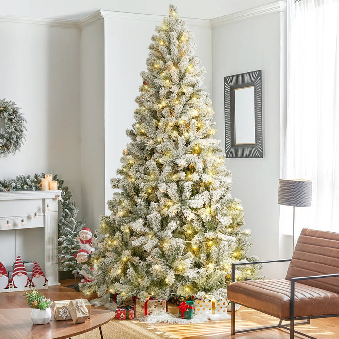 7ft Pre-Lit Artificial Snow Flocked Christmas Tree with 300 LED Warm White & Multicolor Lights