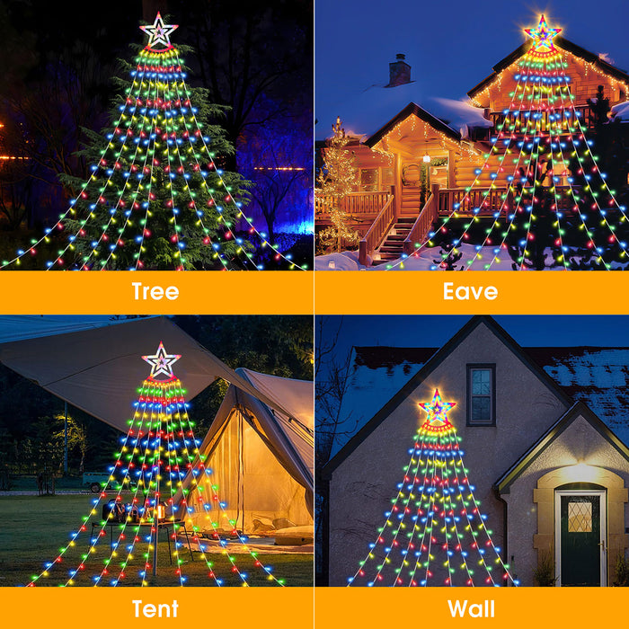 Outdoor Christmas Decoration Lights, 8 Modes & 350 LED Christmas String Lights Waterfall Fairy Tree Lights eTopeak Indoor Outdoor Holiday Lighting Decorations, Multicolor, Plug-in