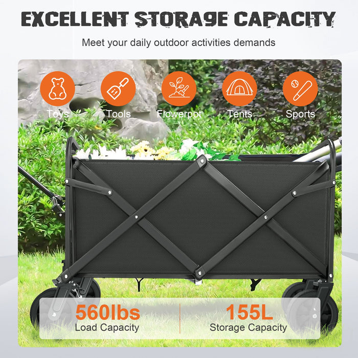 Collapsible Outdoor Utility Wagon, Heavy Duty Folding Garden Portable Hand Cart, with 8" Rubber Wheels and Drink Holder, Suit for Shopping and Park Picnic, Beach Trip and Camping, Grey