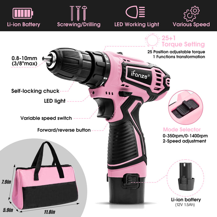 12V Cordless Drill, 3/8'' Keyless Chuck 2 Variable Speeds Electric Power Drill with Battery and Charger, Pink