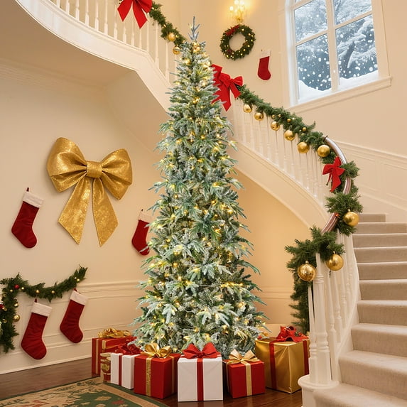9ft Pre-lit Snow Flocked Artificial Christmas Tree with 400 Warm Lights 8 Modes, 1100 PE+PVC Snowy Branches, white