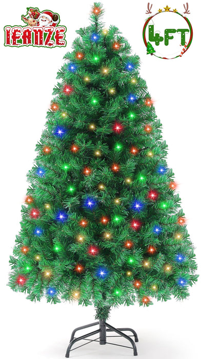 JoRock Pre-Lit Christmas Tree, 4ft Artificial Green Xmas Tree with Multi-colored 150 LED Lights & Metal Stand, 360 Lifelike Branch Tips