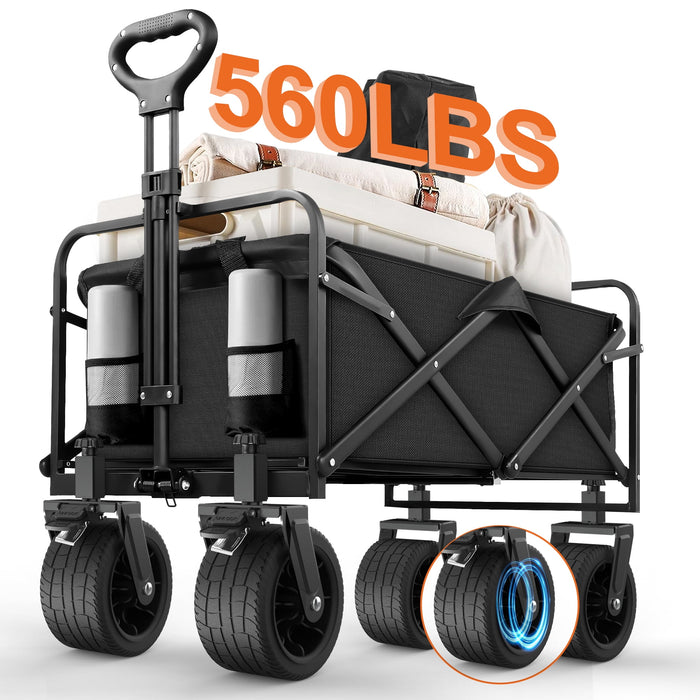 Collapsible Outdoor Utility Wagon, Heavy Duty Folding Garden Portable Hand Cart, with 8" Rubber Wheels and Drink Holder, Suit for Shopping and Park Picnic, Beach Trip and Camping, Grey