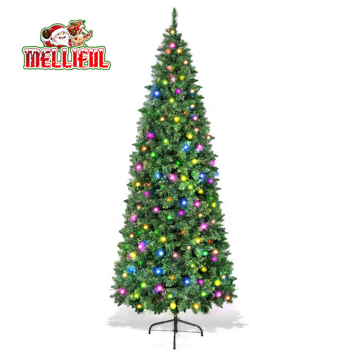 Melliful 7FT Pre-Lit Slim Pencil Artificial Christmas Tree, 200 Multi-colored LED Lights Fake Xmas Tree with Durable Metal Legs, 1100 Tips, Green