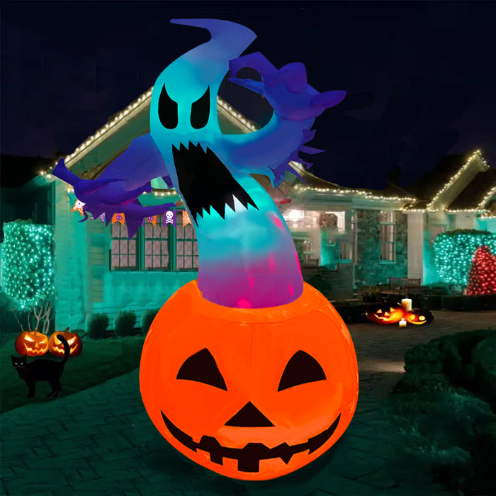 6FT Halloween Inflatables Outdoor Decoration, White Ghost, Pumpkin, Blow Up Yard Decoration with LED Lights