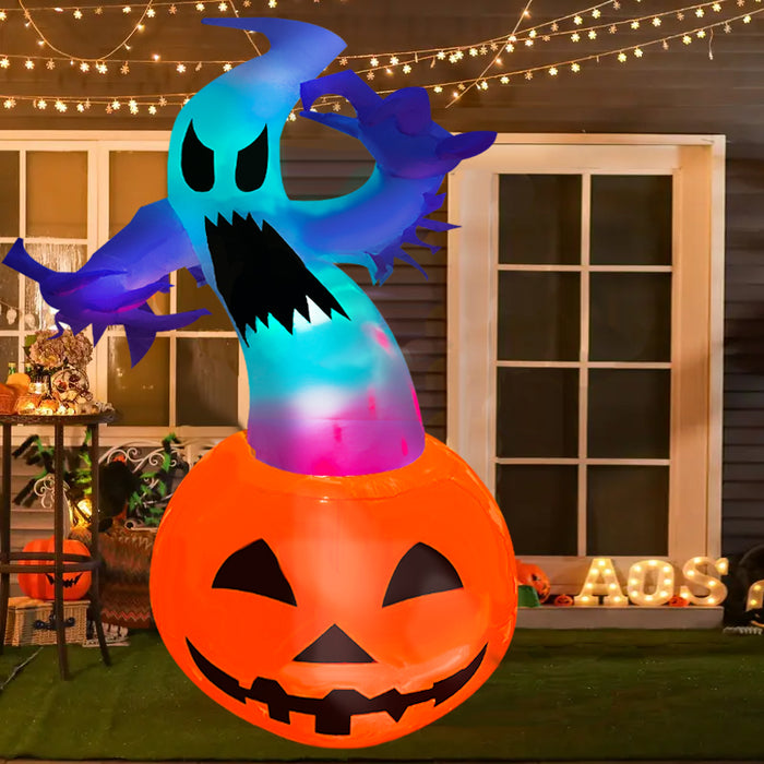 6FT Halloween Inflatables Outdoor Decoration, White Ghost, Pumpkin, Blow Up Yard Decoration with LED Lights