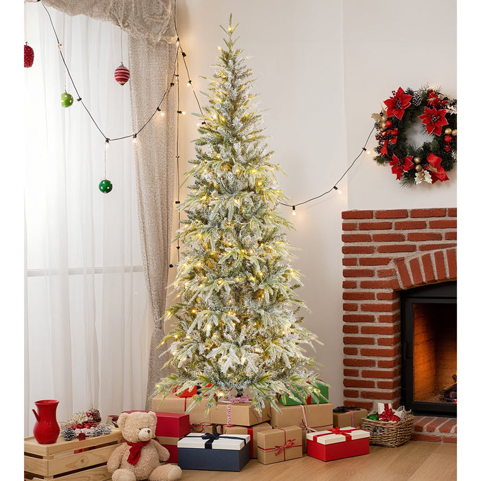 7ft Pre-lit Snow Flocked Artificial Christmas Tree with 300 Warm Lights 8 Modes, 700 PE+PVC Snowy Branches, White