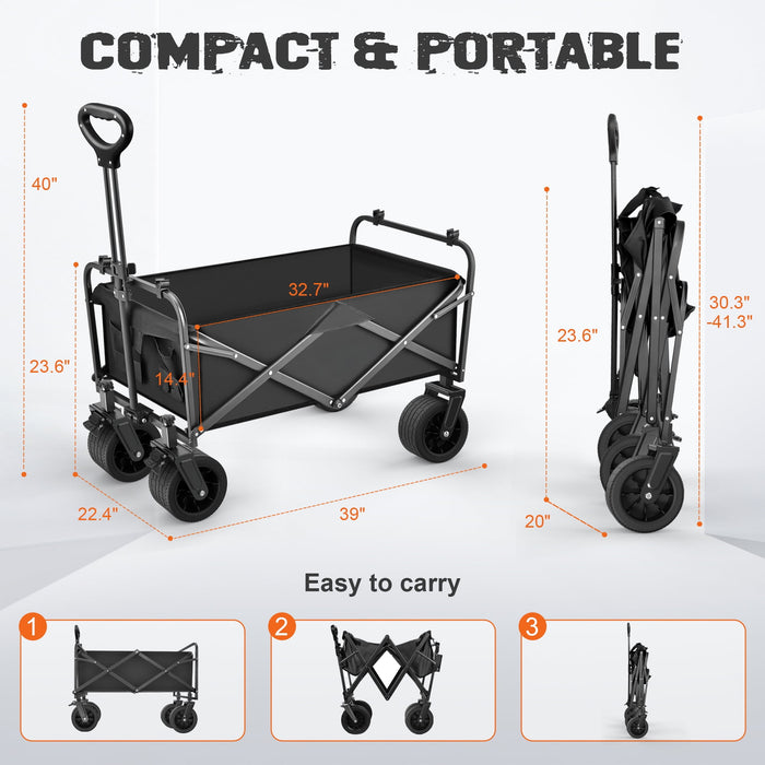 Collapsible Outdoor Utility Wagon, Heavy Duty Folding Garden Portable Hand Cart, with 8" Rubber Wheels and Drink Holder, Suit for Shopping and Park Picnic, Beach Trip and Camping, Grey