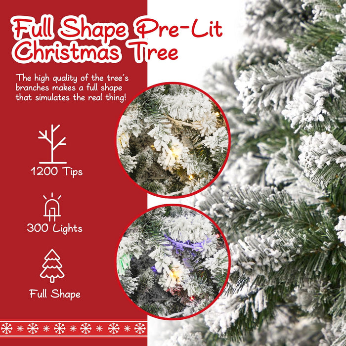 7ft Pre-Lit Artificial Snow Flocked Christmas Tree with 300 LED Warm White & Multicolor Lights