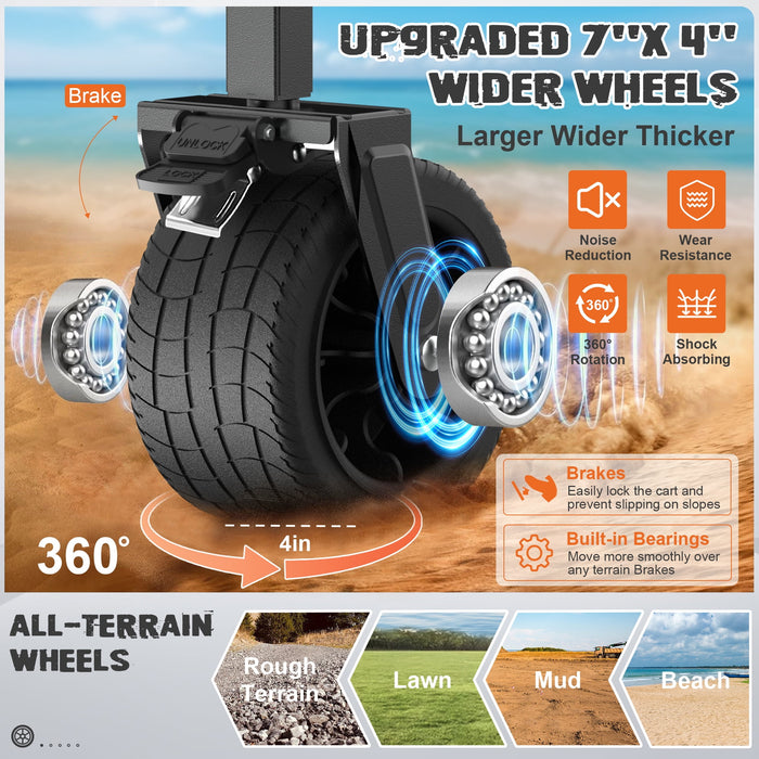 560lbs Large Collapsible Garden Cart with Brakes, Qunler Folding Utility Wagon with Big Wheels and Side Pocket for Camping, Grocery, Gray