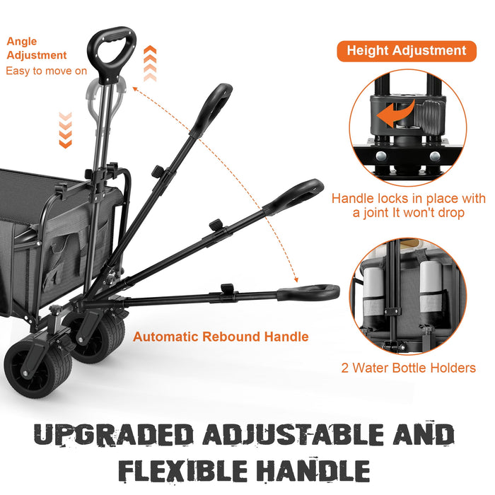 560lbs Large Collapsible Garden Cart with Brakes, Qunler Folding Utility Wagon with Big Wheels and Side Pocket for Camping, Grocery, Gray