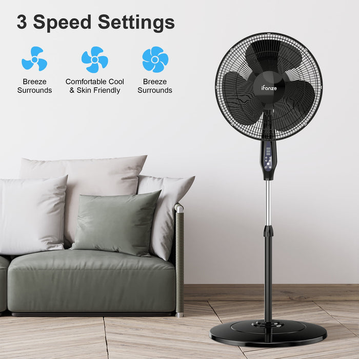 16'' Pedestal Oscillating Fan with Remote Control, Stand Up Fan Adjustable Height, 3-Speed, Electric Cooling Fans for Bedroom Home Office Use