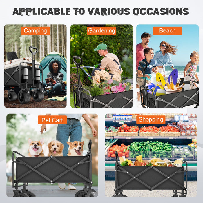 Collapsible Outdoor Utility Wagon, Heavy Duty Folding Garden Portable Hand Cart, with 8" Rubber Wheels and Drink Holder, Suit for Shopping and Park Picnic, Beach Trip and Camping, Grey