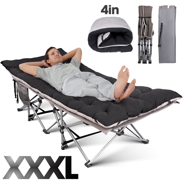 Emossie Oversized Camping Sleeping Cot for Adults with Double-Sided 4in Extra Thick Mattress, Portable Folding Camp Sleep Cots Beds, XXXL-83x32in, Black