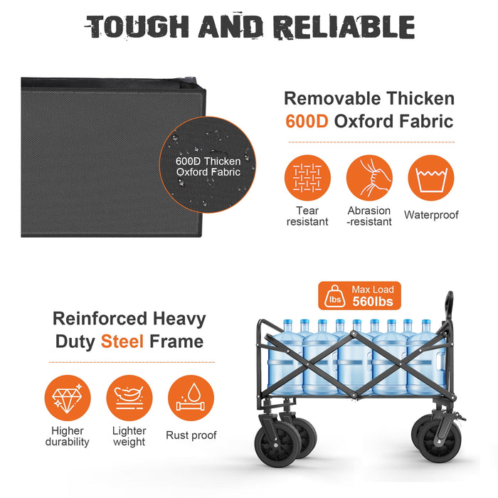 560lbs Large Collapsible Garden Cart with Brakes, Qunler Folding Utility Wagon with Big Wheels and Side Pocket for Camping, Grocery, Gray