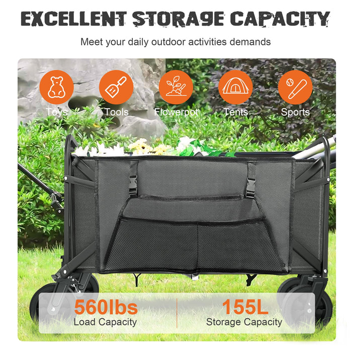 560lbs Large Collapsible Garden Cart with Brakes, Qunler Folding Utility Wagon with Big Wheels and Side Pocket for Camping, Grocery, Gray