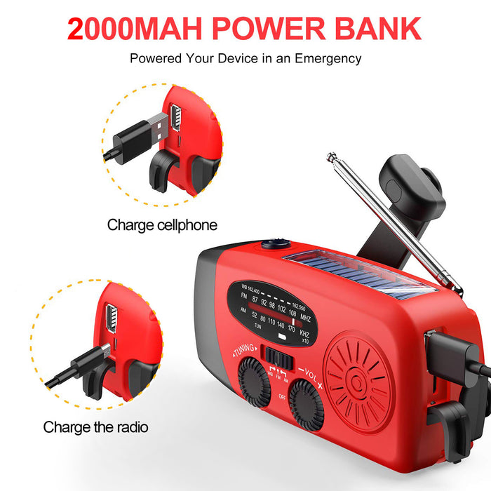 NOAA Weather Radio, AM FM WB Hand Crank Emergency Radio, 2000mAh Rechargeable Power Bank for Phone Charger Portable Solar Radio, Weather Alert, Flashlight for Emergency, 2 Pack