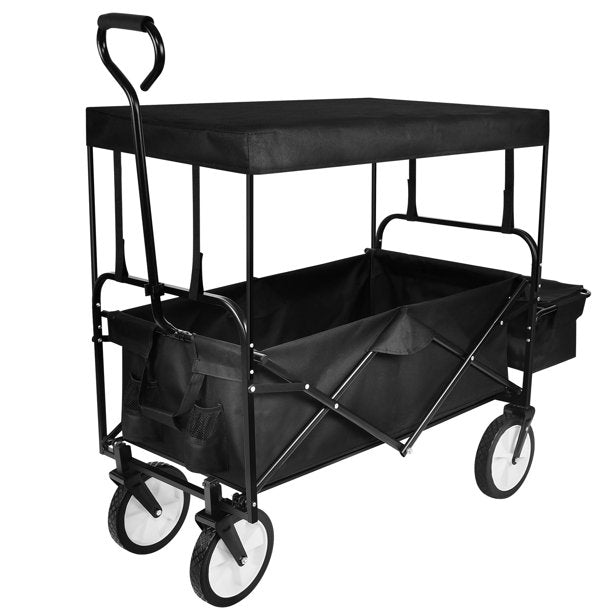 Vinmall Collapsible Outdoor Utility Wagon, Heavy Duty Folding Garden Portable Hand Cart, with 8" Rubber Wheels and Drink Holder, Suit for Shopping and Park Picnic, Beach Trip and Camping, Grey