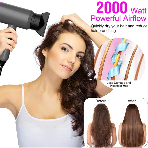 2000W Professional Blow Drye Safety Upgraded, Negative Ion Technolog, 3 Heating/2 Speed/Cold Settings, Contain 1 Nozzles and 1 Diffuser, for Home Salon Travel Kids