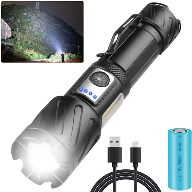 LED Rechargeable Flashlights High Lumens, with Side Emergency Flashlights XHP160 Zoomable and Waterproof Brightest Tactical Flashlights for Emergencies Camping (Battery Included)