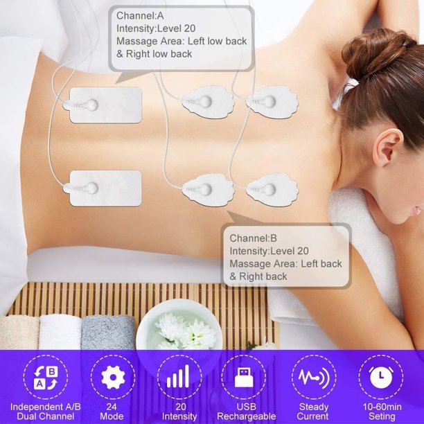 Vinmall TENS Unit Rechargeable Muscle Stimulator EMS Dual Channel with 6 Reusable Electrode Pads 24 Modes for Back Neck Pain Muscle Therapy Pain Management Pulse Massager