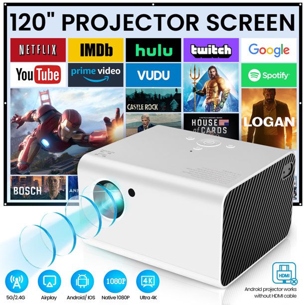 Doosl Mini Projector, Native 1080P Bluetooth WiFi Projector Portable Android Outdoor Projector Compatible with PS4 IOS Android HDMI USB Laptop