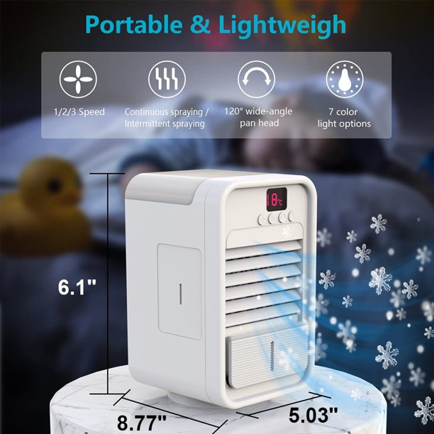 Portable Evaporative Cooler with Fan Summer Mini Cooling Fans Humidifiers Swamp Cooler LED Light Quiet Room Air Conditioners for Bedroom Dorm Office Desktop