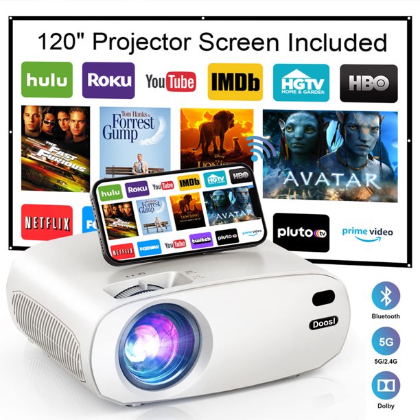 Doosl 1080P Supported Mini Projector with 55000 Hours Lamp Life, LED Portable Wifi Bluetooth Projector Support 200'' Display, Compatible with TV Stick, PS4, HDMI, AV and USB, White