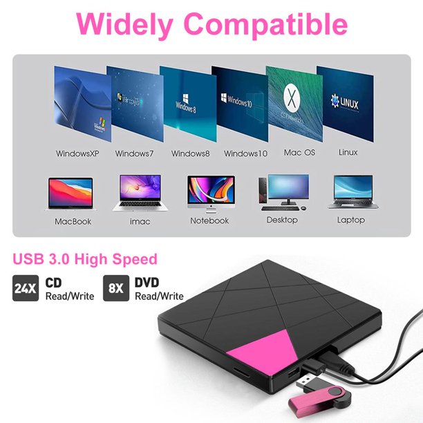 Doosl External CD DVD Drive, USB 3.0&USB-C Slim Portable CD/DVD +/- RW Burner Player Writer Support SD/TF Card and 2 USB 3.0 Ports for Mac OS Windows MacBook Laptop Desktop, Pink and Black